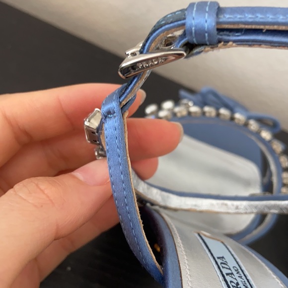 NIB Prada Satin Blue Ribbon Jeweled Gem Embellished Heeled Sandals - Picture 9 of 17